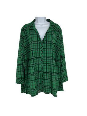 Susan Graver Weekend Green Plaid Button-Down Long Sleeve Blouse Size Petite 2X
